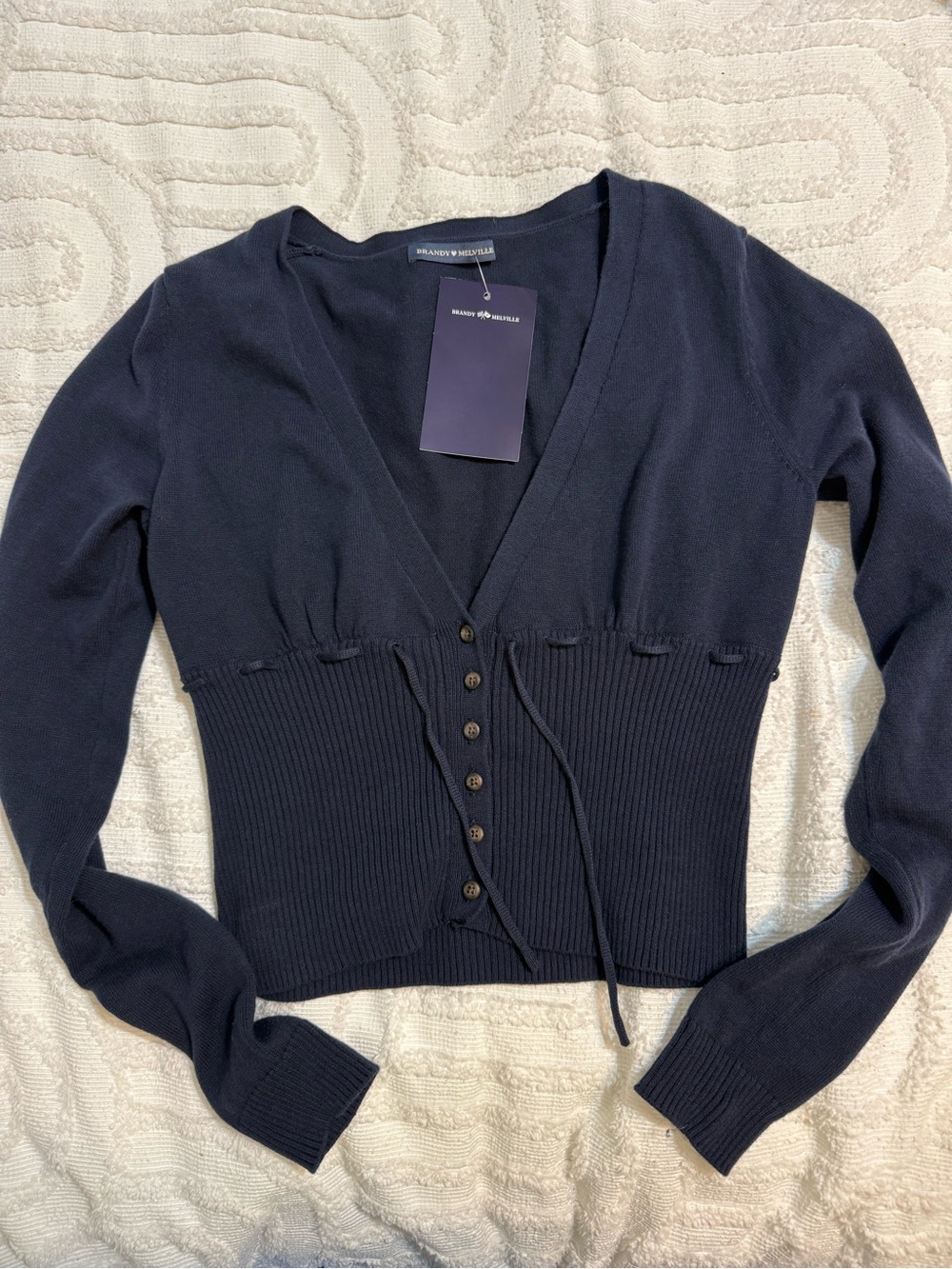 Brandy Melville Navy V-Neck Button Front Ribbed Waist Sweater